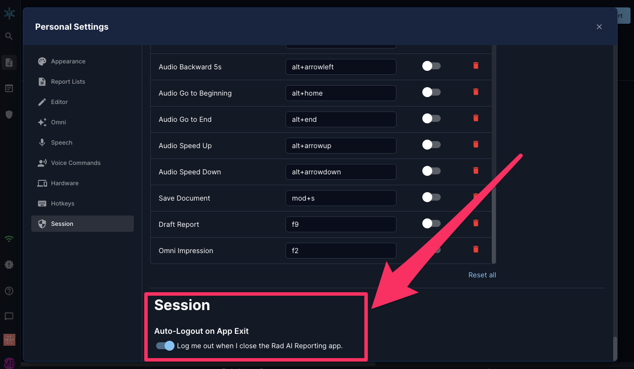 Session setting "Auto-Logout on App Exit" set to enabled