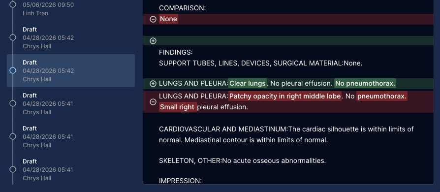 Version History comparing a draft to the previous version
