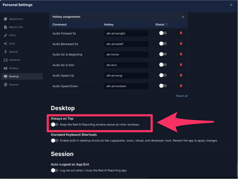 In Personal Settings, the Desktop section contains the "Always on Top" setting.