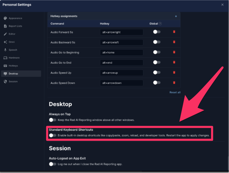 In Personal Settings, the Desktop section contains "Standard Keyboard Shortcuts" setting