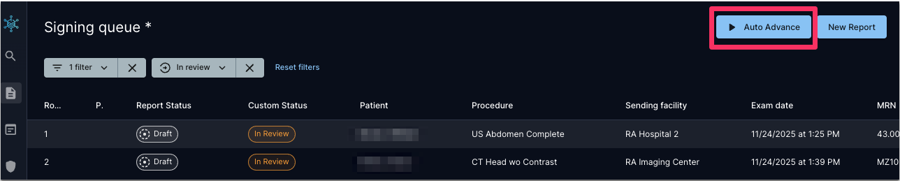 Signing queue with Auto Advance button highlighted